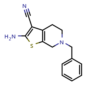 Chemical structure of 2-amino-6-benzyl-4,5,6,7-tetrahydrothieno[2,3-c]pyridine-3-carbonitrile , CAS 24237-37-4, AChemBlock AD249045