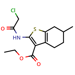 Chemical structure of ethyl 2-(2-chloroacetamido)-6-methyl-4,5,6,7-tetrahydrobenzo[b]thiophene-3-carboxylate , CAS 76981-87-8, AChemBlock AD249057