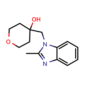 Chemical structure of 4-[(2-methyl-1H-1,3-benzodiazol-1-yl)methyl]oxan-4-ol , CAS 2175979-09-4, AChemBlock AD249077