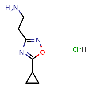 Chemical structure of 2-(5-cyclopropyl-1,2,4-oxadiazol-3-yl)ethan-1-amine hydrochloride , CAS 1263093-99-7, AChemBlock AD249245