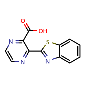 Chemical structure of 3-(1,3-Benzothiazol-2-yl)pyrazine-2-carboxylic acid , CAS 100283-52-1, AChemBlock AD249284