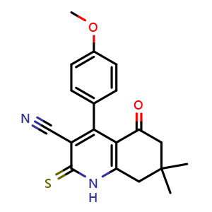 Chemical structure of 1,2,5,6,7,8-Hexahydro-4-(4-methoxyphenyl)-7,7-dimethyl-5-oxo-2-thioxo-3-quinolinecarbonitrile , CAS 200340-05-2, AChemBlock AD249291