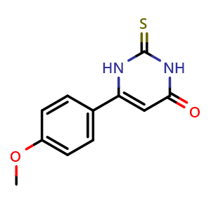 Chemical structure of 6-(4-methoxyphenyl)-2-thioxo-2,3-dihydropyrimidin-4(1{H})-one , CAS 33166-87-9, AChemBlock AD249357