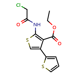 Chemical structure of Ethyl 5'-(2-chloroacetamido)-[2,3'-bithiophene]-4'-carboxylate , CAS 315676-33-6, AChemBlock AD249416
