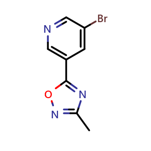 Chemical structure of 3-Bromo-5-(3-methyl-1,2,4-oxadiazol-5-yl)pyridine , CAS 1283108-13-3, AChemBlock AD249423
