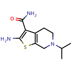 Chemical structure of 2-amino-6-isopropyl-4,5,6,7-tetrahydrothieno[2,3-c]pyridine-3-carboxamide , CAS 26830-39-7, AChemBlock AD249427