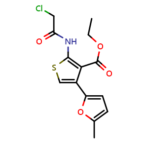 Chemical structure of ethyl 2-[(chloroacetyl)amino]-4-(5-methyl-2-furyl)thiophene-3-carboxylate , CAS 736960-88-6, AChemBlock AD249472
