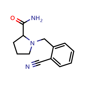 Chemical structure of 1-[(2-cyanophenyl)methyl]pyrrolidine-2-carboxamide , CAS 1282172-13-7, AChemBlock AD249490