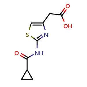 Chemical structure of 2-(2-cyclopropaneamido-1,3-thiazol-4-yl)acetic acid , CAS 926246-95-9, AChemBlock AD249532