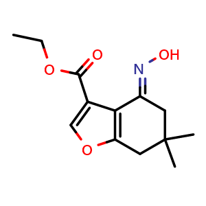 Chemical structure of ethyl (4E)-4-(hydroxyimino)-6,6-dimethyl-4,5,6,7-tetrahydro-1-benzofuran-3-carboxylate , CAS 2379973-88-1, AChemBlock AD249575