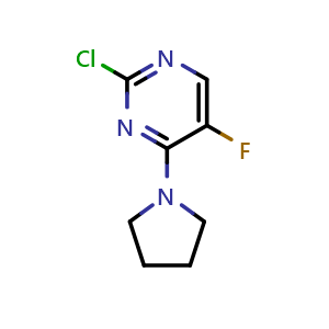 Chemical structure of 2-chloro-5-fluoro-4-(pyrrolidin-1-yl)pyrimidine , CAS 923119-59-9, AChemBlock AD249639