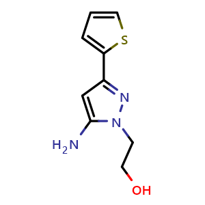 Chemical structure of 2-[5-amino-3-(thiophen-2-yl)-1H-pyrazol-1-yl]ethan-1-ol , CAS 956440-32-7, AChemBlock AD249740