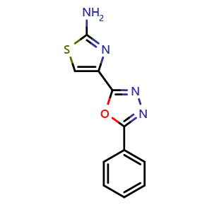 Chemical structure of 4-(5-Phenyl-1,3,4-oxadiazol-2-yl)thiazol-2-amine , CAS 2939000-40-3, AChemBlock AD249754