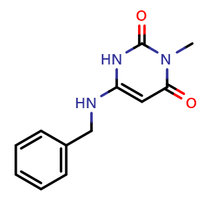 Chemical structure of 6-(benzylamino)-3-methylpyrimidine-2,4(1H,3H)-dione , CAS 5759-79-5, AChemBlock AD249828