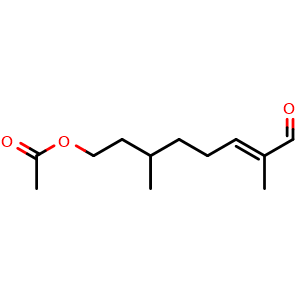 Chemical structure of (6E)-3,7-dimethyl-8-oxooct-6-en-1-yl acetate , CAS 79763-09-0, AChemBlock AD249861