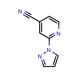 Chemical structure of 2-(1H-pyrazol-1-yl)pyridine-4-carbonitrile , CAS 956769-58-7, AChemBlock AD249863