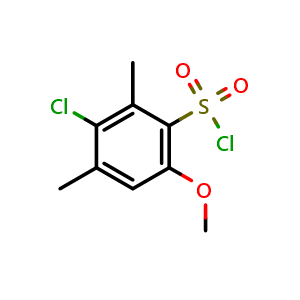 Chemical structure of 3-Chloro-6-methoxy-2,4-dimethylbenzene-1-sulfonyl chloride , CAS 88040-89-5, AChemBlock AD249888