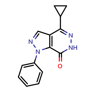Chemical structure of 4-cyclopropyl-1-phenyl-1,6-dihydro-7H-pyrazolo[3,4-d]pyridazin-7-one , CAS 1105197-41-8, AChemBlock AD249900