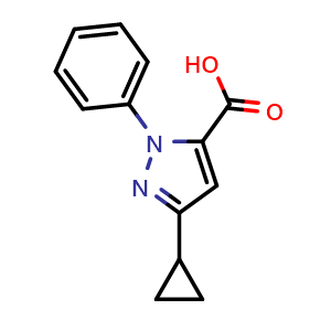 Chemical structure of 3-cyclopropyl-1-phenyl-1H-pyrazole-5-carboxylic acid , CAS 890593-19-8, AChemBlock AD249910