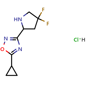 Chemical structure of 5-cyclopropyl-3-(4,4-difluoropyrrolidin-2-yl)-1,2,4-oxadiazole hydrochloride , CAS 2097936-76-8, AChemBlock AD249973