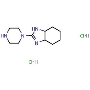 Chemical structure of 2-(piperazin-1-yl)-3a,4,5,6,7,7a-hexahydro-1H-1,3-benzodiazole dihydrochloride , AChemBlock AD249981