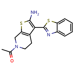 Chemical structure of 1-(2-amino-3-(benzo[d]thiazol-2-yl)-4,7-dihydrothieno[2,3-c]pyridin-6(5H)-yl)ethan-1-one , CAS 1105194-28-2, AChemBlock AD249998