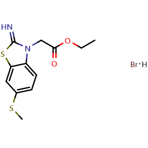 Chemical structure of ethyl 2-(2-imino-6-(methylthio)benzo[d]thiazol-3(2H)-yl)acetate hydrobromide , CAS 2034154-73-7, AChemBlock AD250019