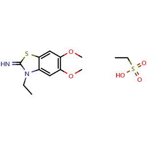 Chemical structure of 3-ethyl-5,6-dimethoxybenzo[d]thiazol-2(3H)-imine ethanesulfonate , CAS 2034155-55-8, AChemBlock AD250032