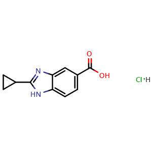 Chemical structure of 2-cyclopropyl-1H-1,3-benzodiazole-5-carboxylic acid hydrochloride , CAS 2097935-54-9, AChemBlock AD250041
