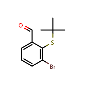 Chemical structure of 3-bromo-2-(tert-butylsulfanyl)benzaldehyde , CAS 1326713-90-9, AChemBlock AD250058