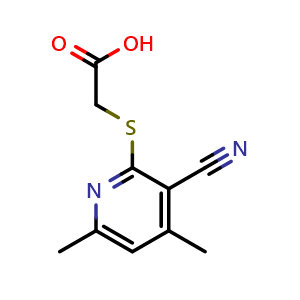 Chemical structure of 2-[(3-Cyano-4,6-dimethylpyridin-2-yl)sulfanyl]acetic acid , CAS 330220-39-8, AChemBlock AD250118