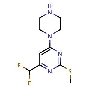 Chemical structure of 4-(Difluoromethyl)-2-(methylsulfanyl)-6-(piperazin-1-yl)pyrimidine , CAS 2640972-58-1, AChemBlock AD250254