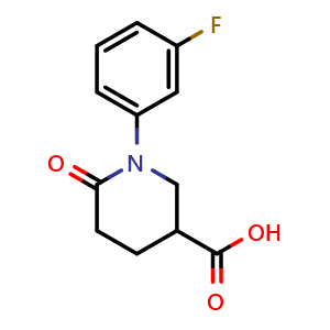 Chemical structure of 1-(3-Fluorophenyl)-6-oxopiperidine-3-carboxylic acid , CAS 1285045-55-7, AChemBlock AD250272