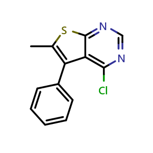 Chemical structure of 4-chloro-6-methyl-5-phenylthieno[2,3-d]pyrimidine , CAS 610274-04-9, AChemBlock AD250285