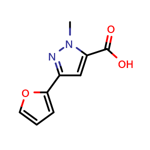 Chemical structure of 3-(2-furyl)-1-methyl-1H-pyrazole-5-carboxylic acid , CAS 859851-00-6, AChemBlock AD250291