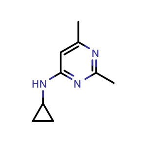 Chemical structure of N-cyclopropyl-2,6-dimethylpyrimidin-4-amine , CAS 1178628-52-8, AChemBlock AD250338
