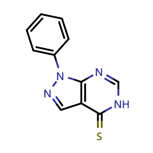 Chemical structure of 1-phenyl-1H,4H,5H-pyrazolo[3,4-d]pyrimidine-4-thione , CAS 6014-07-9, AChemBlock AD250346