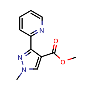 Chemical structure of methyl 1-methyl-3-(pyridin-2-yl)-1H-pyrazole-4-carboxylate , CAS 2098141-76-3, AChemBlock AD250377