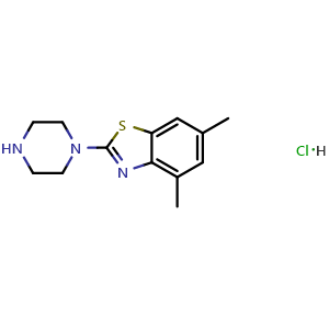 Chemical structure of 4,6-dimethyl-2-(piperazin-1-yl)-1,3-benzothiazole hydrochloride , CAS 2548984-87-6, AChemBlock AD250436