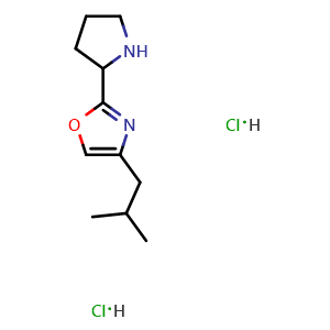 Chemical structure of 4-(2-methylpropyl)-2-(pyrrolidin-2-yl)-1,3-oxazole dihydrochloride , CAS 2097932-71-1, AChemBlock AD250475
