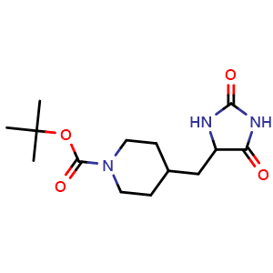 Chemical structure of tert-Butyl 4-[(2,5-dioxoimidazolidin-4-yl)methyl]piperidine-1-carboxylate , CAS 2379945-28-3, AChemBlock AD250496