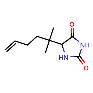 Chemical structure of 5-(2-methylhex-5-en-2-yl)imidazolidine-2,4-dione , CAS 2379945-24-9, AChemBlock AD250497
