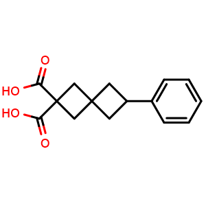 Chemical structure of 6-phenylspiro[3.3]heptane-2,2-dicarboxylic acid , CAS 2413376-33-5, AChemBlock AD250500