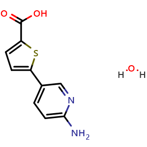 Chemical structure of 5-(6-aminopyridin-3-yl)thiophene-2-carboxylic acid hydrate , CAS 2378806-60-9, AChemBlock AD250507