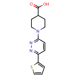 Chemical structure of 1-[6-(thiophen-2-yl)pyridazin-3-yl]piperidine-4-carboxylic acid , CAS 1017117-60-0, AChemBlock AD250509