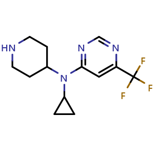 Chemical structure of N-cyclopropyl-N-(piperidin-4-yl)-6-(trifluoromethyl)pyrimidin-4-amine , CAS 2097937-39-6, AChemBlock AD250571