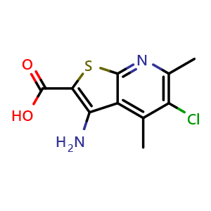 Chemical structure of 3-amino-5-chloro-4,6-dimethylthieno[2,3-b]pyridine-2-carboxylic acid , CAS 1172244-72-2, AChemBlock AD250578