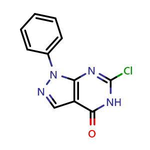 Chemical structure of 6-chloro-1-phenyl-1,5-dihydro-4H-pyrazolo[3,4-d]pyrimidin-4-one , CAS 6288-99-9, AChemBlock AD250604