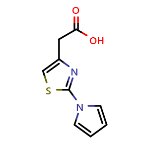 Chemical structure of 2-[2-(1H-pyrrol-1-yl)-1,3-thiazol-4-yl]acetic acid , CAS 383142-84-5, AChemBlock AD250615