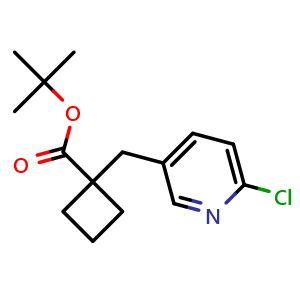 Chemical structure of tert-Butyl 1-[(6-chloropyridin-3-yl)methyl]cyclobutane-1-carboxylate , CAS 2504203-03-4, AChemBlock AD250642